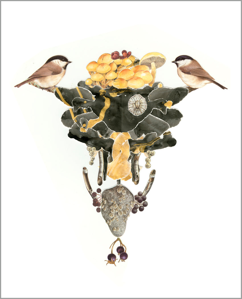 2 Birds Triangle Hand Made Paper Collage on White Background