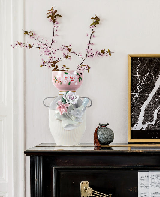 Hand Made Bird & Flowers Vase in Situ