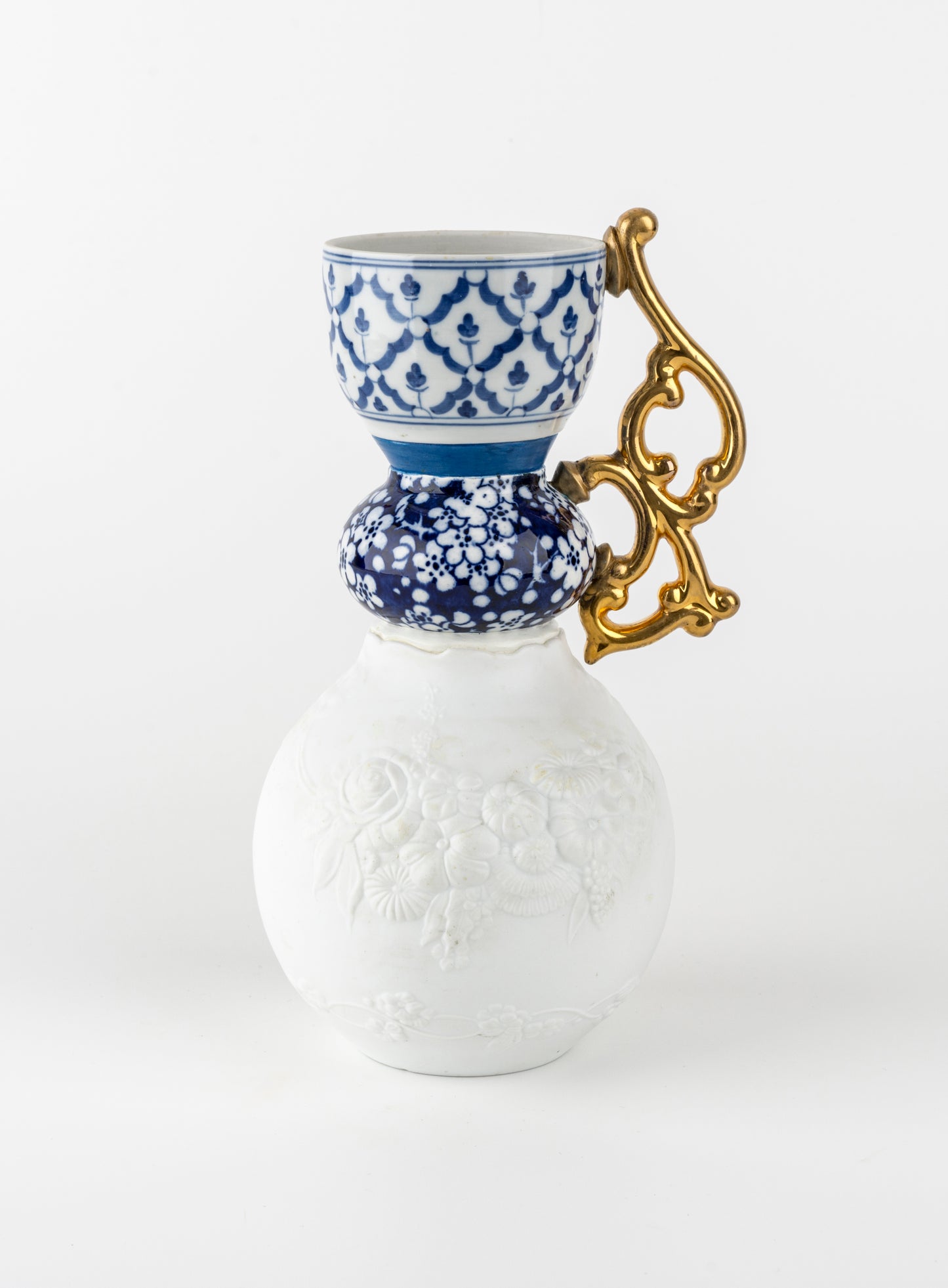 Blue & White Vase with Gold Handle