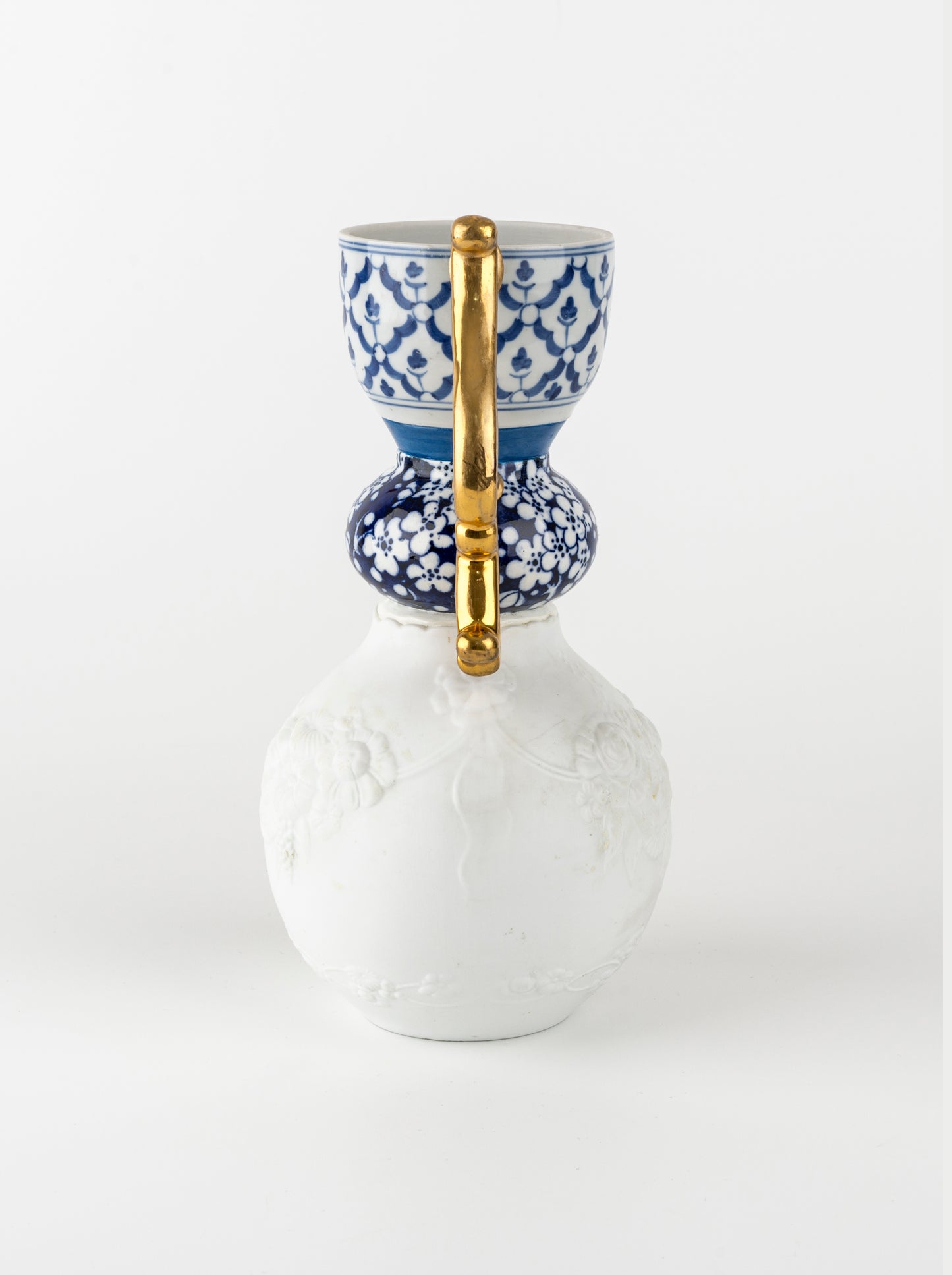 Blue & White Vase with Gold Handle