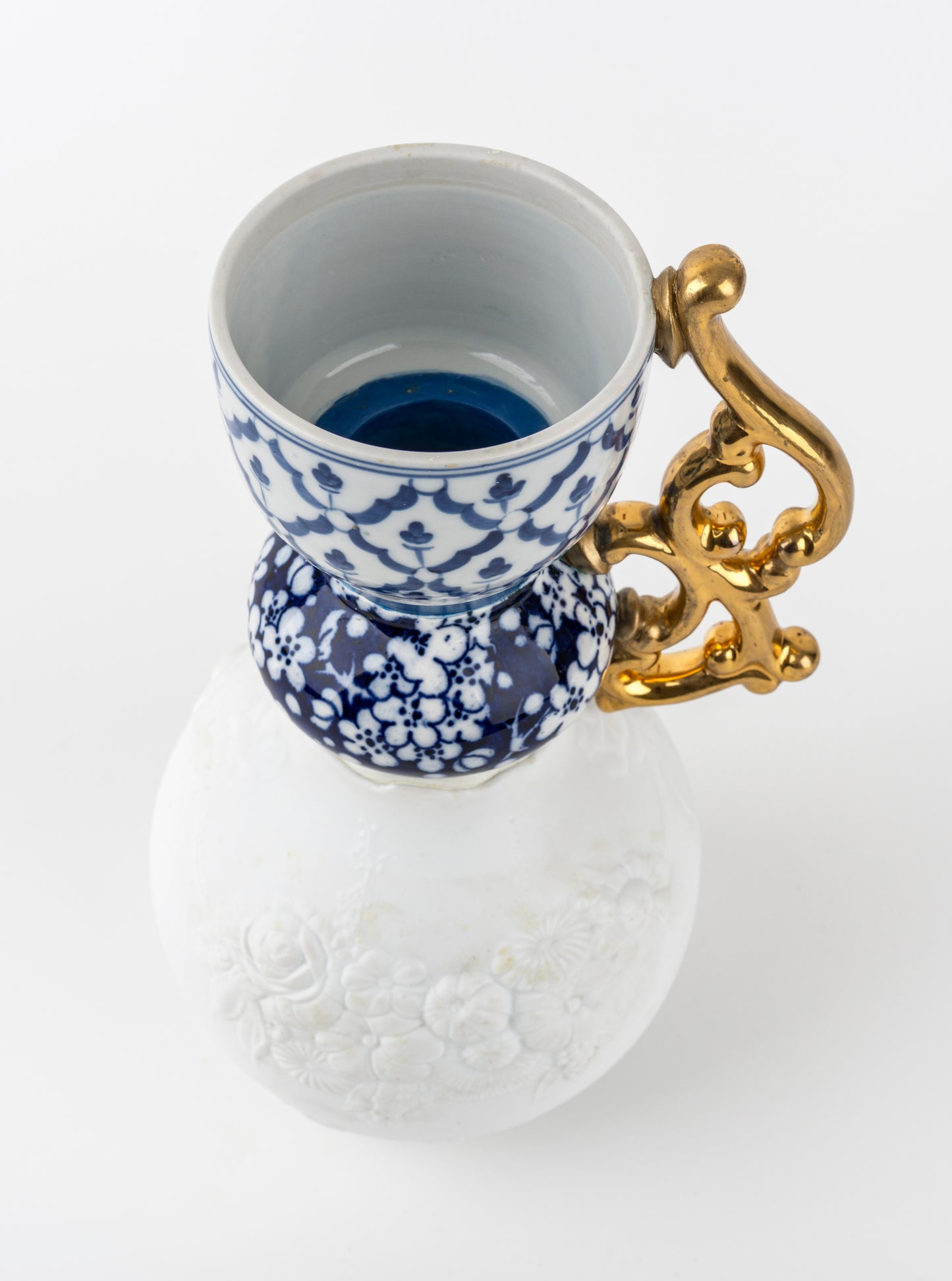 Blue & White Vase with Gold Handle