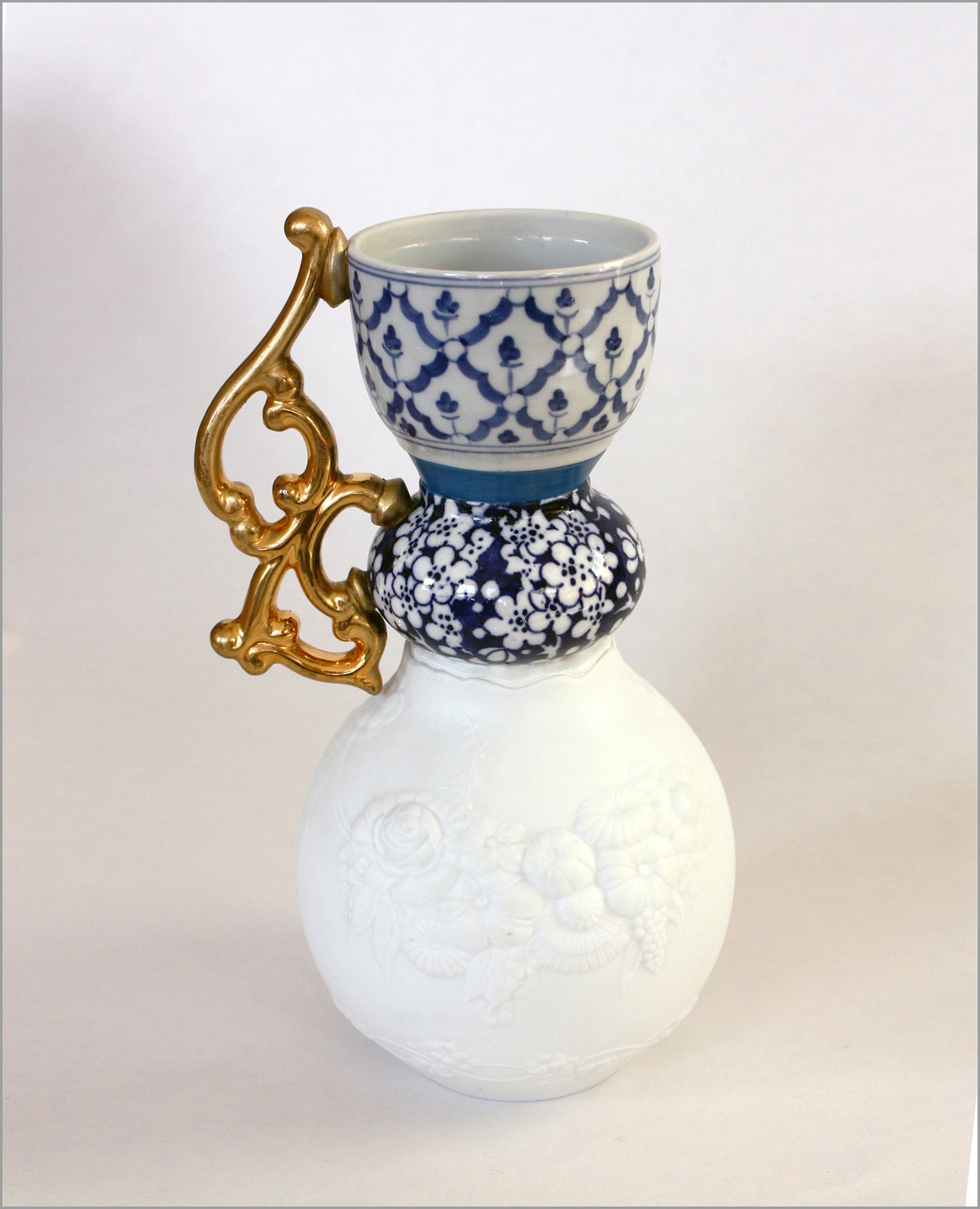 Blue & White Vase with Gold Handle