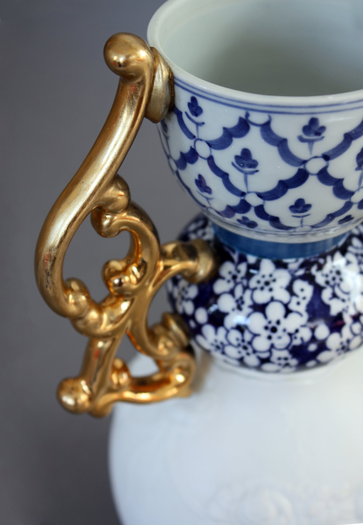 Blue & White Vase with Gold Handle