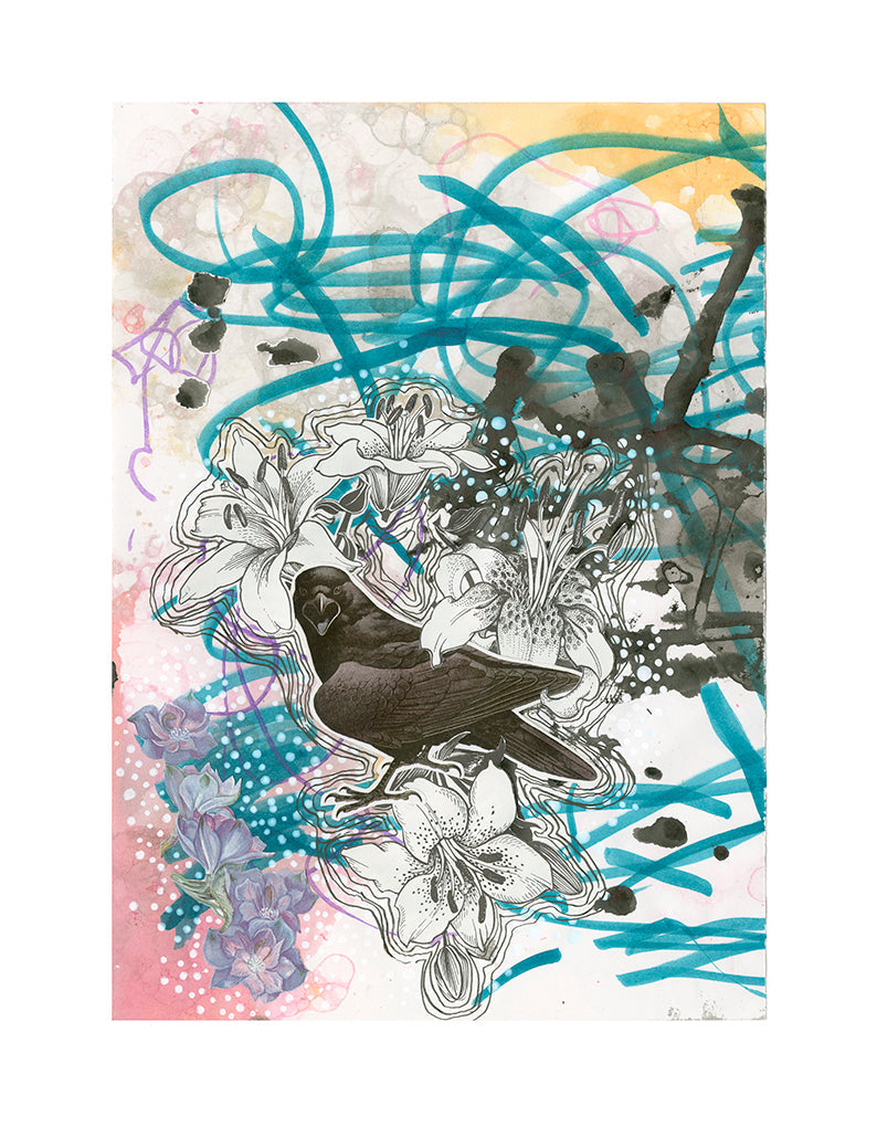 Black Crow with Flowers - Print