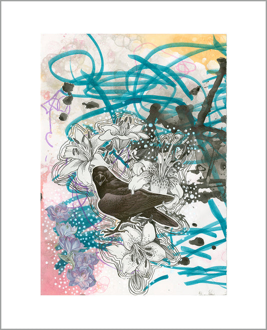 Black Crow with Flowers - Print